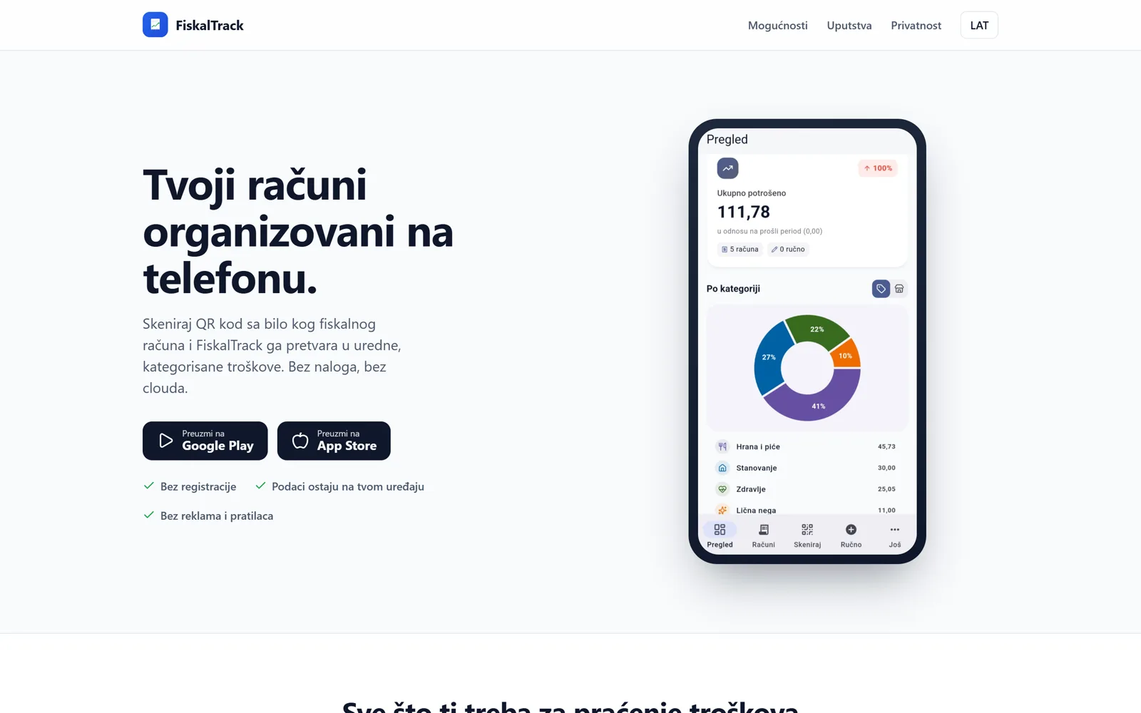 Веб страница FiskalTrack са поруком да подаци остају на уређају