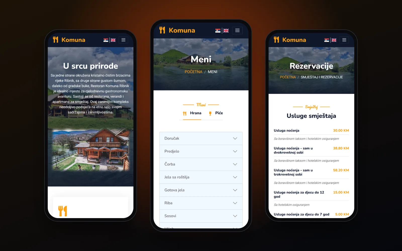 Сајт на телефону: почетна, мени и смјештај